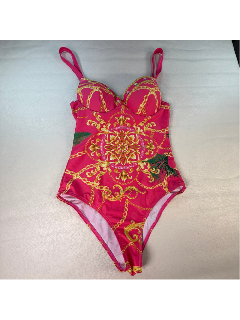 Womens One Piece Swimsuit Small Pink Gold Baroque Chain Print Push Up Padded